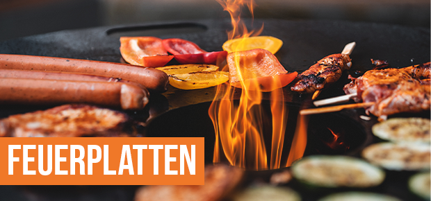 Feuerplatte mit Grillgut und Text Feuerplatten