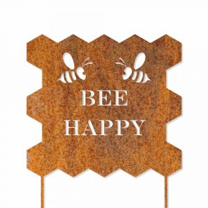 Schild mit Stecker in Edelrost, Bee Happy