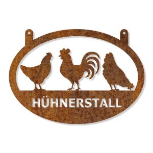 Edelrost Hofschild mit Hühnern und Wunschnamen 35 x 50 cm