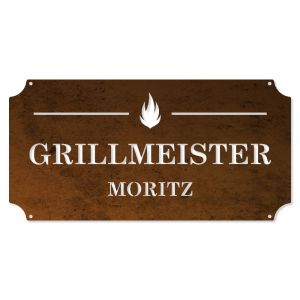 "Grillmeister" - Schild mit Wunschname aus Cortenstahl