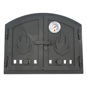 Ofentür aus Stahl 45 x 36 cm schwarz Flügeltür abgerundet mit Zuluftregler & Thermometer