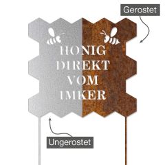 Honig direkt vom Imker, Schild mit Stecker in Edelrost