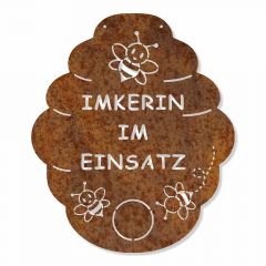 X:\01 Bilder - Schamotte-Shop\08 Edelrost\02 Edelrost Dekoration\40004203 Edelrostschild Bienenstock Imkerin im Einsatz