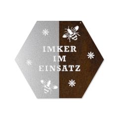 Wabenschild in Edelrost - Imker im Einsatz