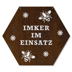 Wabenschild in Edelrost - Imker im Einsatz