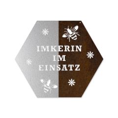 Wabenschild in Edelrost - Imkerin im Einsatz