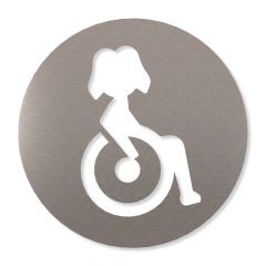 Rundes Piktogramm ''Rollstuhlfahrerin'' aus Edelstahl