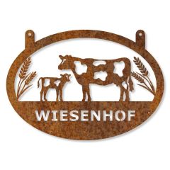 Edelrost Hofschild mit Kühen und Wunschnamen 35 x 50 cm