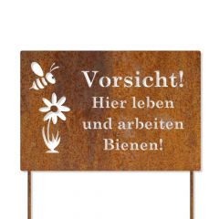 Vorsicht hier leben Bienen, Schild mit Stecker in Edelrost 