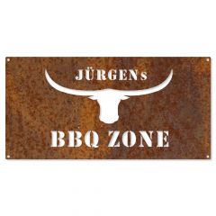 Grillschild "BBQ Zone" aus Cortenstahl mit Ihrem Namen