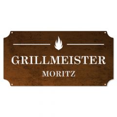 "Grillmeister" - Schild mit Wunschname aus Cortenstahl