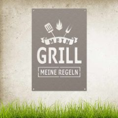 Mein Grill Schild aus Edelstahl an Hauswand